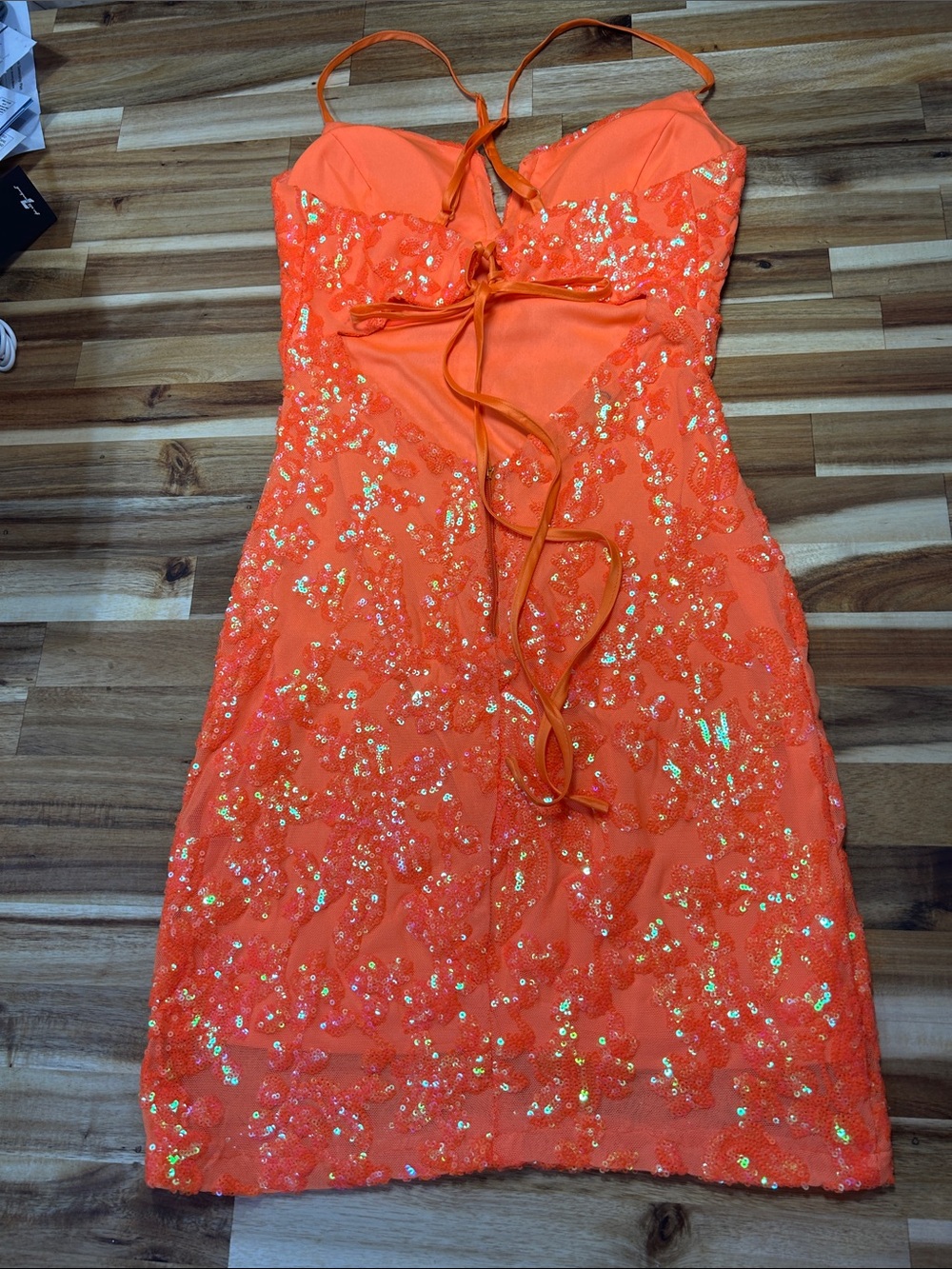 Stunning Midnight Doll Orange Sequin Bodycon Dress Size Medium - Picture 5 of 10